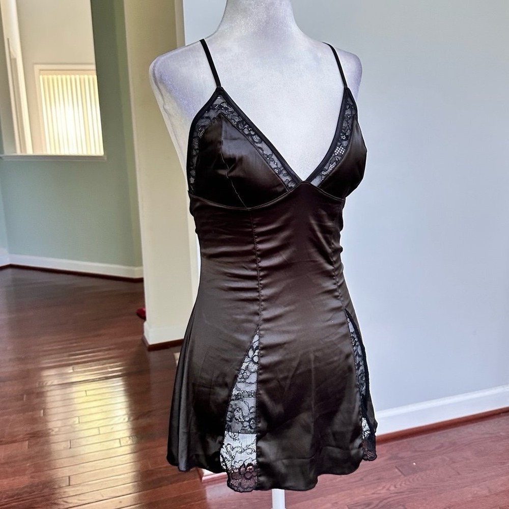 Vintage Starline Black Lace Corset Back Sexy Plunge Micro Mini Dress Small